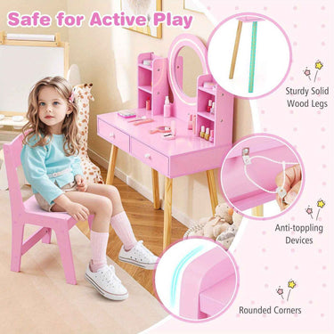 Pink Kids Vanity Dressing Table & Chair Set Makeup Desk & Chair w/ 2-Color Front Lit Mirror